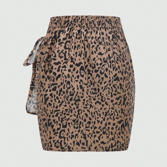 Khaki Casual Women's Leopard Print Twist Knot Mini Skirt - Picture 2 of 8